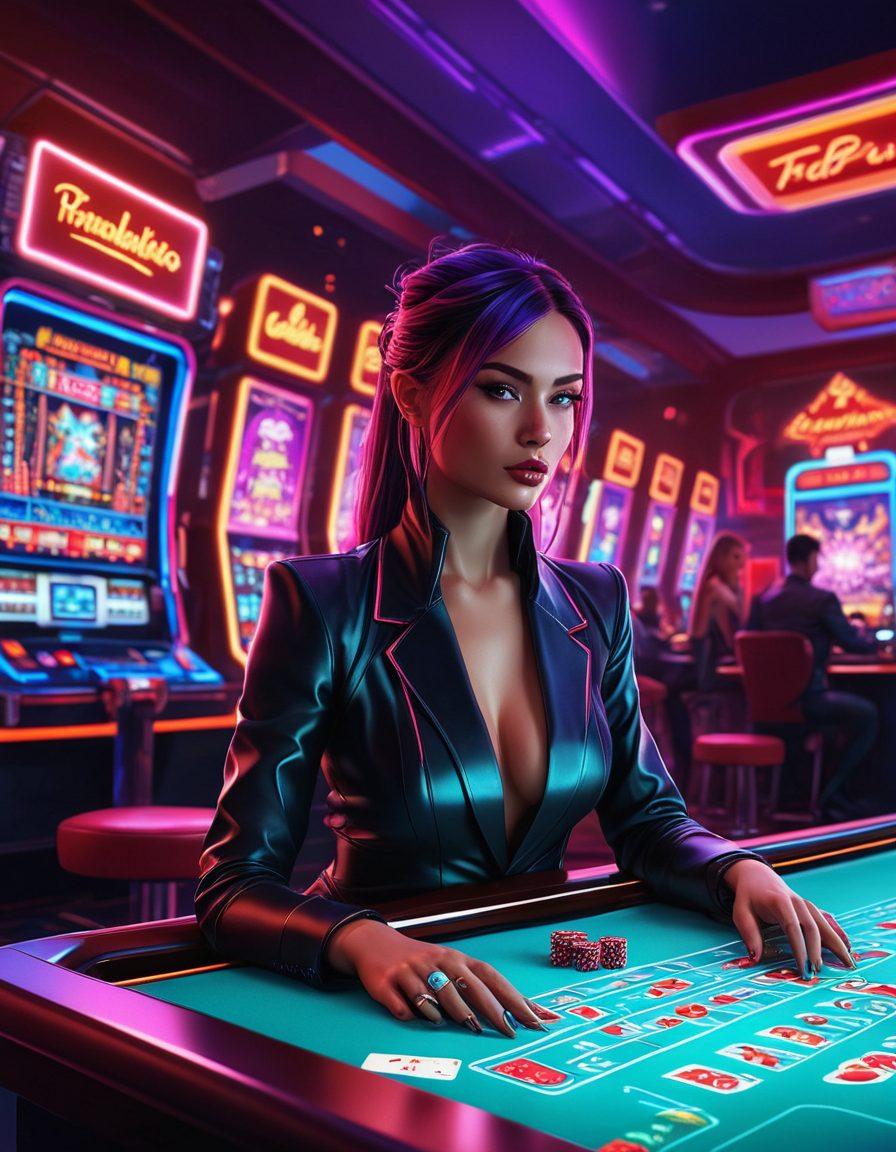 A vibrant and dynamic illustration featuring a futuristic virtual casino intertwined with elements of adult entertainment. Showcase neon lights and luxurious gaming tables merging into a digital landscape, with avatars enjoying the experience. Include elements like poker cards and dice, alongside seductive silhouettes, all bathed in a rich color palette. Enhance the scene with a sense of excitement and allure. cyberpunk. vibrant colors. 3D.
