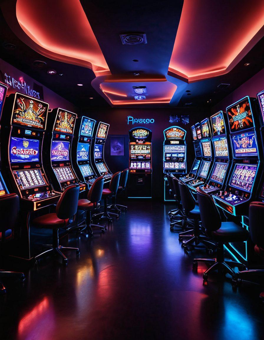 A dynamic composition showcasing a vibrant arcade filled with gamers engaging intensely with adult-themed games, while others are at sleek online gambling stations with digital interfaces. Include neon lights illuminating the scene, with elements representing both gaming and gambling intertwined, such as poker chips and game controllers. Capture the excitement of competition and the thrill of chance in a modern, bustling environment. super-realistic. vivid colors. futuristic style.